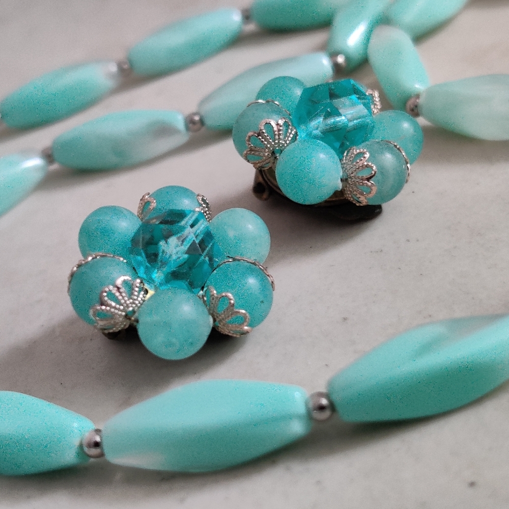 West Germany Tiffany Blue Lucite Earrings & Necklace Set